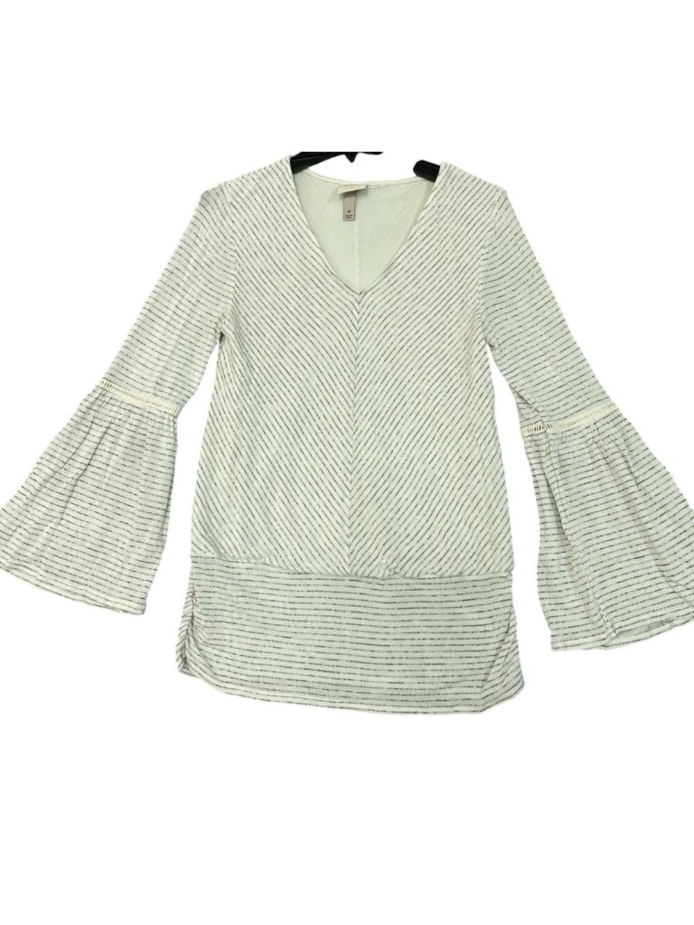 Knox Rose Women's M Striped Bell Sleeve Top V-Neck Beige & Black Boho P0897